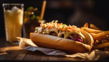 Grilled beef and pork with fries, hot dog, and refreshment generated by AI photo