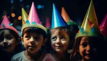 sonriente niños disfrutar un divertido cumpleaños fiesta con vistoso decoraciones generado por ai foto