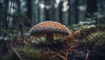 Spotted toadstool growth on uncultivated forest floor, poisonous fungus generated by AI photo