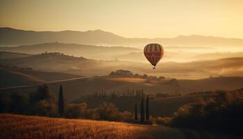 Multi colored hot air balloon floats over tranquil rural landscape generated by AI photo