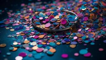 Shiny wedding ring on vibrant, multi colored confetti background generated by AI photo