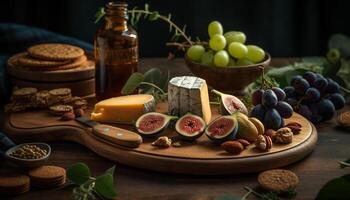 Rustic table with gourmet appetizers prosciutto, camembert, fig, and wine generated by AI photo