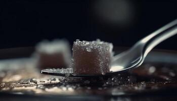 Crystal sugar cube on metal spoon, salt and spice heap generated by AI photo