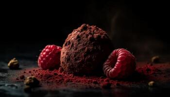 Indulgent gourmet chocolate truffle ball with raspberry variation and cocoa powder generated by AI photo