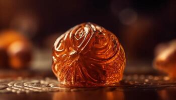 Indulgent chocolate dessert in gold container on wooden table generated by AI photo