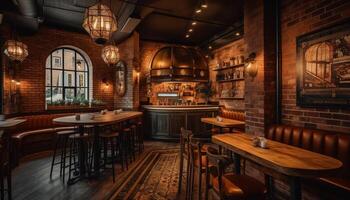 Modern luxury bar inside rustic building features elegant wood design generated by AI photo