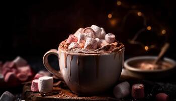 Indulgent hot chocolate with marshmallow and cacao fruit decoration generated by AI photo