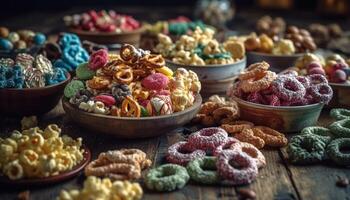 Abundance of gourmet sweets in multi colored bowl, tempting indulgence generated by AI photo