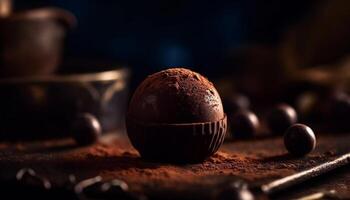 Dark chocolate truffle on wooden bowl, indulgent gourmet dessert generated by AI photo