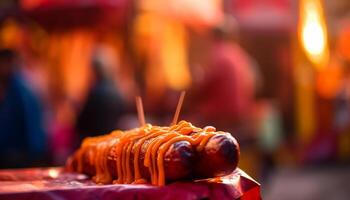 A la parrilla carne brochetas, un tradicional chino calle comida delicadeza generado por ai foto