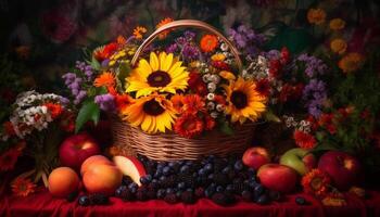 A wicker basket of fresh organic fruit and vegetables outdoors generated by AI photo