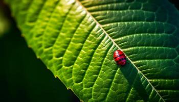 Vibrant ladybug spotted on fresh green leaf in summer meadow generated by AI photo