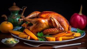 Rustic roast dinner with turkey, chicken, vegetables, and herbs generated by AI photo