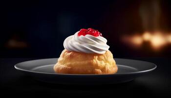 Homemade baked pastry item with whipped cream and fruit decoration generated by AI photo