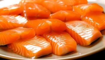 Fresh seafood meal on plate with sliced sashimi and nigiri generated by AI photo