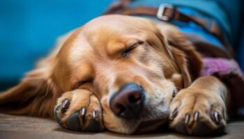 Cute purebred puppy sleeping outdoors, nose resting on blue flooring generated by AI photo