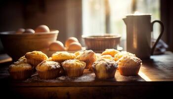 Homemade gourmet muffins on rustic wood table, ready to eat indulgence generated by AI photo