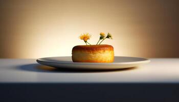 Fresh gourmet dessert on yellow plate with single flower decoration generated by AI photo