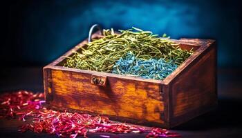 Organic fruit and herb crate, a colorful still life decoration generated by AI photo