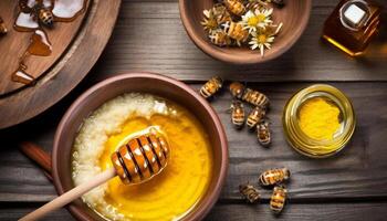 orgánico miel en rústico cuenco en de madera mesa con abeja generado por ai foto