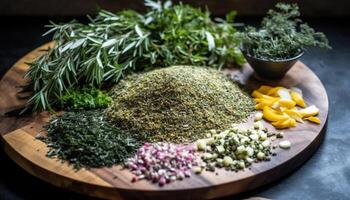 Fresh organic vegetable salad with garlic, cilantro, and dill seasoning generated by AI photo