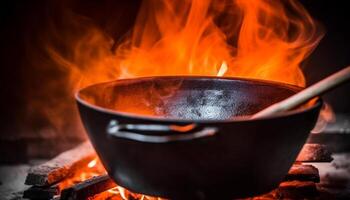 Grilled meat on cast iron grill, glowing with heat generated by AI photo