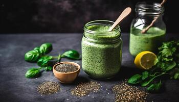 Fresh organic vegetable salad with chia seed dressing on rustic table generated by AI photo