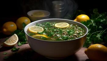 Fresh lemon and lime slices on a wooden table with parsley generated by AI photo