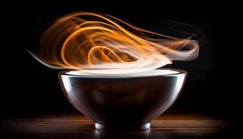 Hot coffee steams on black background, elegant and scented generated by AI photo