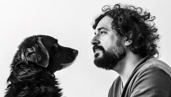 Smiling man embraces loyal black and white retriever in portrait generated by AI photo