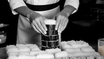 uno persona trabajando en un comercial cocina preparando sano comidas generado por ai foto