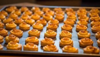 Homemade baked pastry item on yellow tray, close up of dessert generated by AI photo