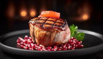 Grilled meat fillet on plate with fresh vegetable appetizer generated by AI photo