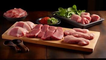 Grilled pork fillet on rustic wooden plate, high angle view generated by AI photo