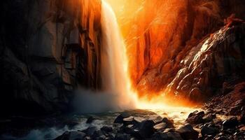 Tranquil sunrise over famous mountain range, wet drops splashing rocks generated by AI photo