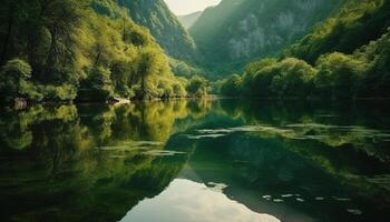 majestuoso montaña rango reflejado en tranquilo azul estanque generado por ai foto