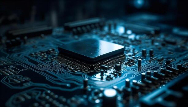 Abstract circuit board with computer chip and transistor connection generated by AI photo