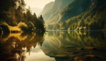 Tranquil scene of natural beauty mountain range, green grass, and sunlight generated by AI photo