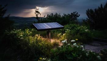 Sunset illuminates solar power station, wind turbines generate sustainable electricity generated by AI photo