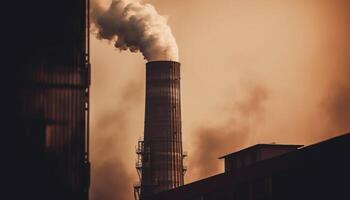 Industrial factory emits smoke, polluting nature atmosphere at dusk generated by AI photo