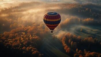 Levitating hot air balloon soars mid air over mountain landscape generated by AI photo