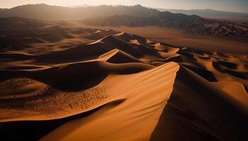 Remote majestic mountain range, striped with yellow wave pattern generated by AI photo