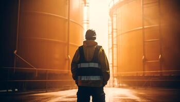 Construction worker walking towards refinery at dusk, expertise and success generated by AI photo