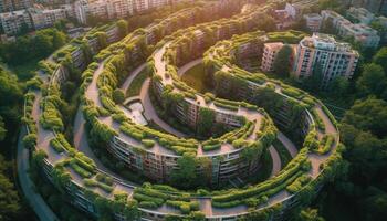 Modern city skyline with green trees and blue water patterns generated by AI photo