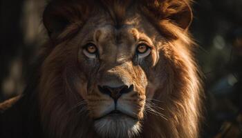 Majestic lion staring at camera, showcasing strength in wilderness area generated by AI photo