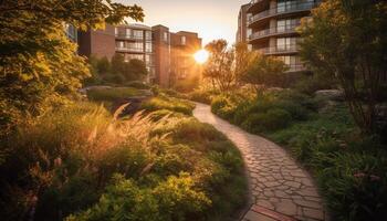 puesta de sol terminado tranquilo paisaje, verde césped, amarillo flores, moderno arquitectura generado por ai foto