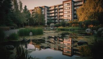 Tranquil scene of autumn forest reflects in calm canal water generated by AI photo