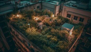 City life illuminated by street lights and modern architecture at dusk generated by AI photo