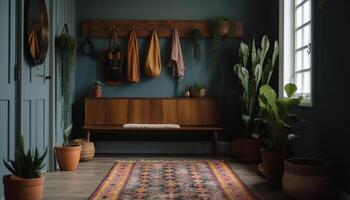 Modern luxury apartment with elegant design, comfortable flooring, and illuminated shelf generated by AI photo