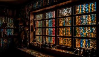 Multi colored glass illuminates ancient ornate architecture in domestic room generated by AI photo